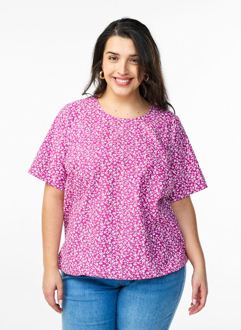 Baumwoll-Bluse mit Print und kurzen Ärmeln, Lila, Model image number 0