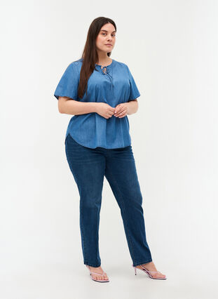Kurzarm Denim Bluse aus Baumwolle, Medium Blue Denim, Model image number 2