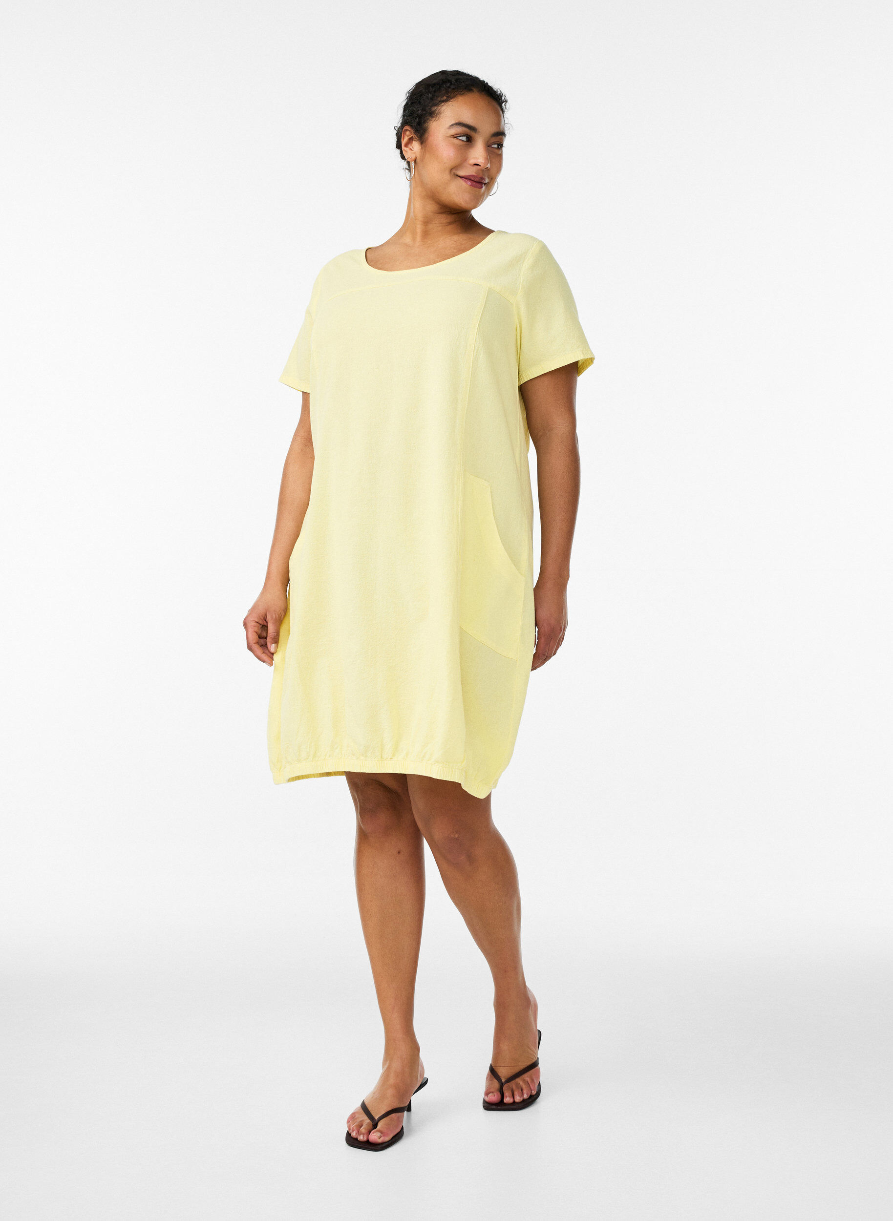ZizziKurzarm Kleid aus Baumwolle, Gelb, Model image number 1
