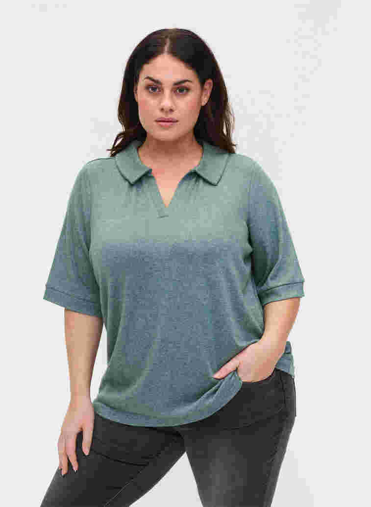 Melierte Bluse mit Kragen und 2/4-Ärmeln, Green Melange, Model image number 0