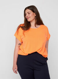 Neonfarbenes T-Shirt aus Baumwolle, Neon Coral, Model