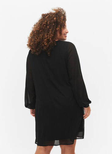 Langärmliges Kleid mit V-Ausschnitt, Black, Model image number 1
