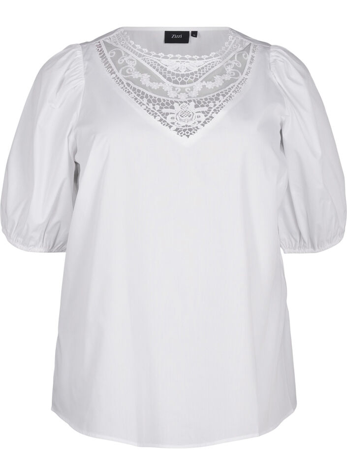 Kurzärmelige Bluse mit Spitzendetail, Bright White, Packshot image number 0
