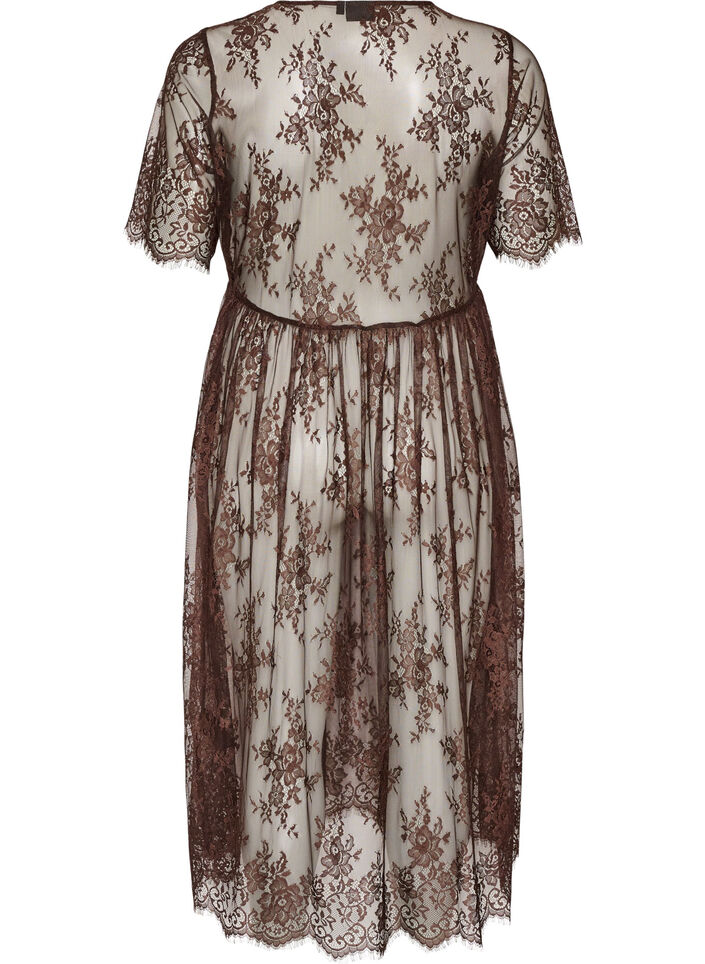 Midikleid aus transparenter Spitze mit kurzen &Auml;rmeln, Braun, Packshot image number 1