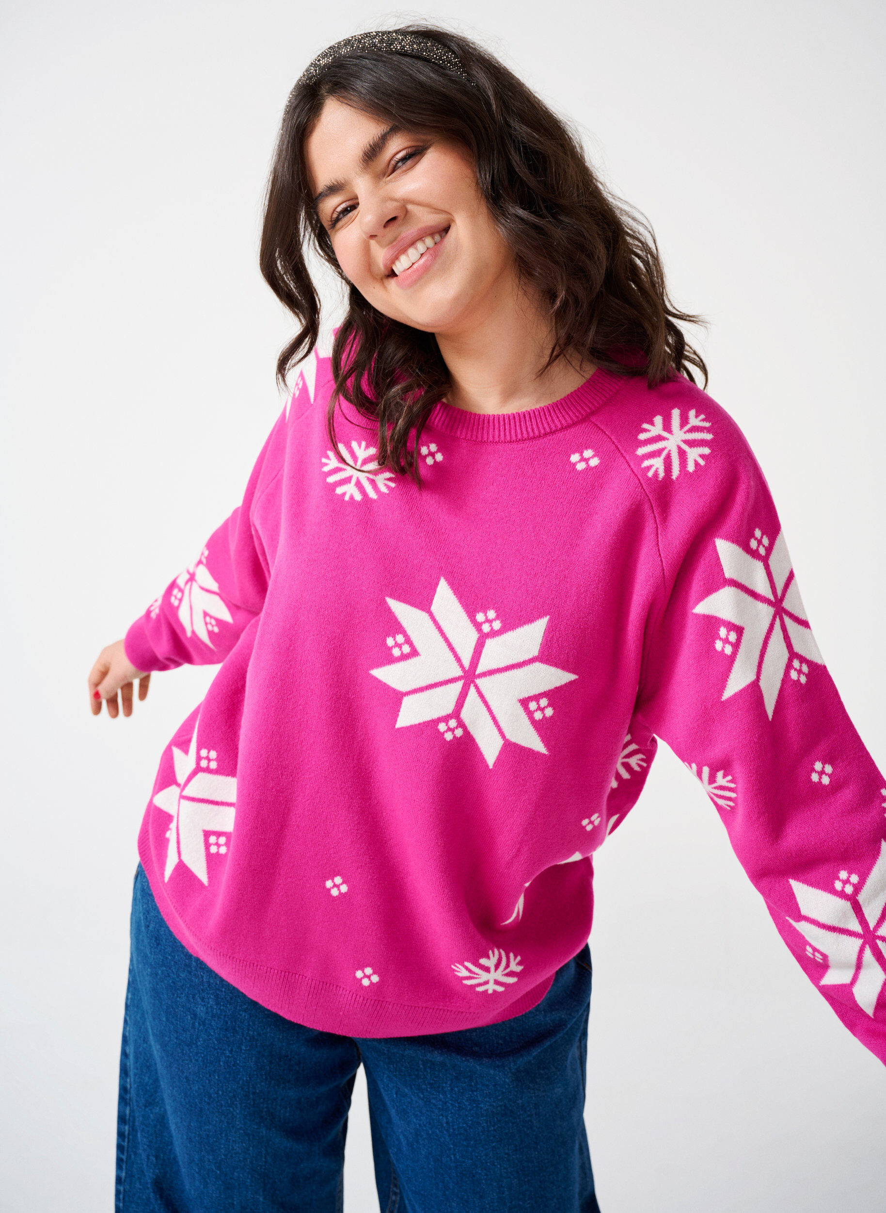 Zizzi Strickpullover mit Schneeflockenmuster, Pink, Image image number 0
