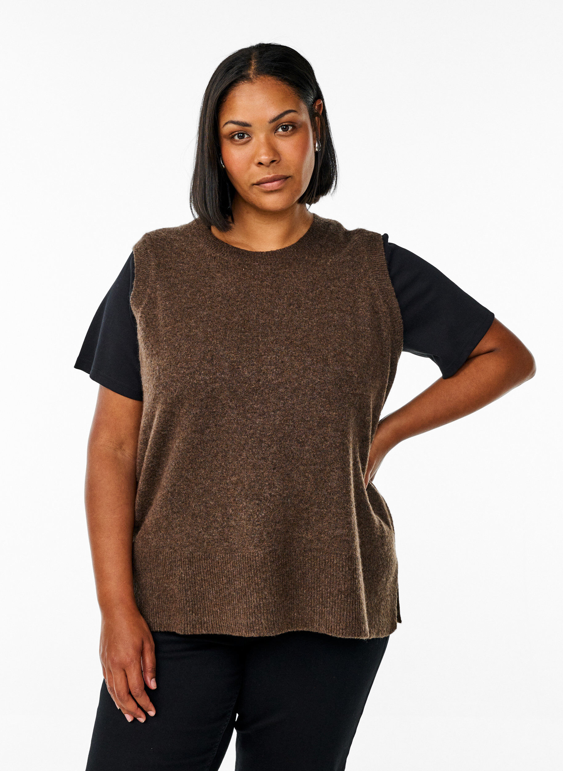 Zizzi Strickweste mit Rippb&auml;ndern, Gr&uuml;n, Model image number 0