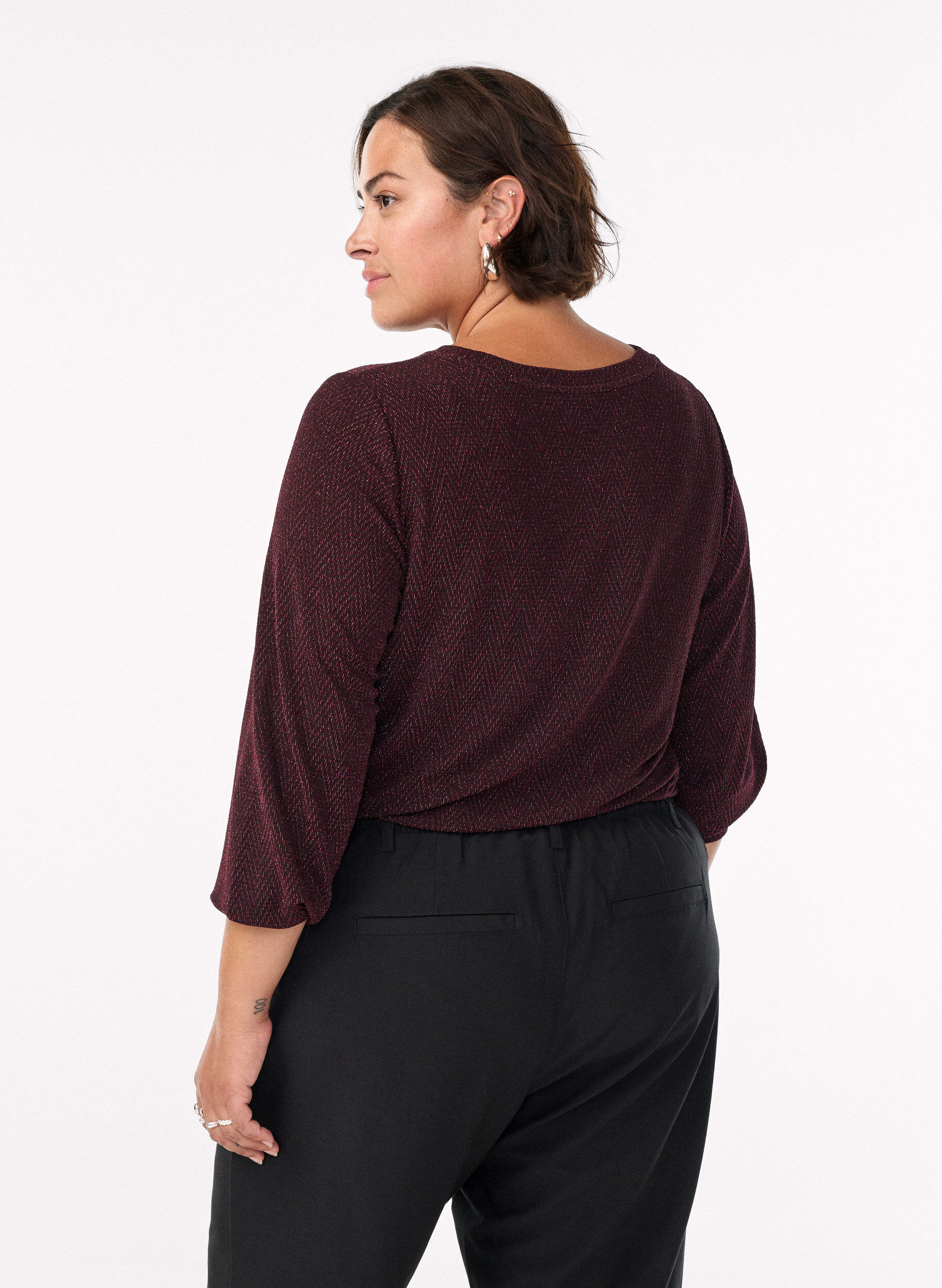 Zizzi Bluse mit Fischgr&auml;tmuster und Glitzerfaden, Dunkles Bordeaux, Model image number 2