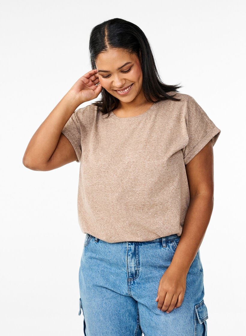 Melange T-Shirt mit kurzen &Auml;rmeln, Braun, Model image number 0