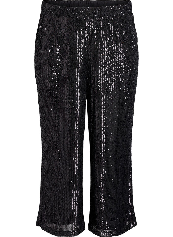 Hoch taillierte Paillettenhose mit weiten Beinen, Schwarz, Packshot
