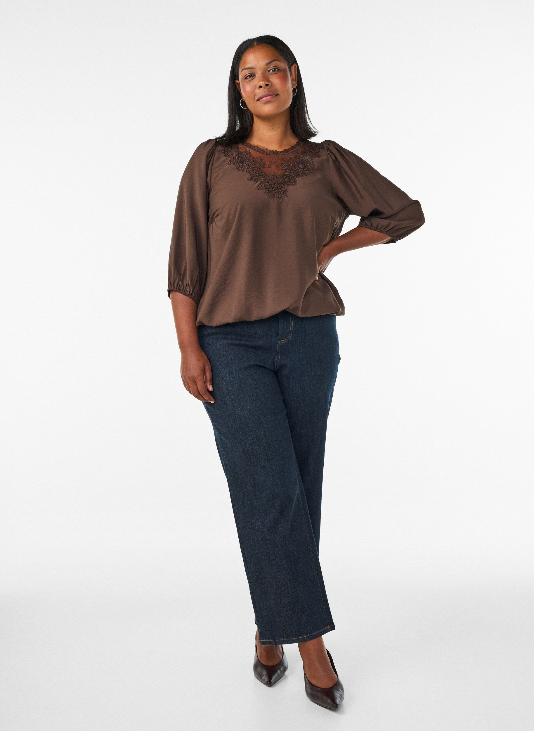 ZizziBluse aus Spitze mit 3/4-&Auml;rmeln, Braun, Model image number 1