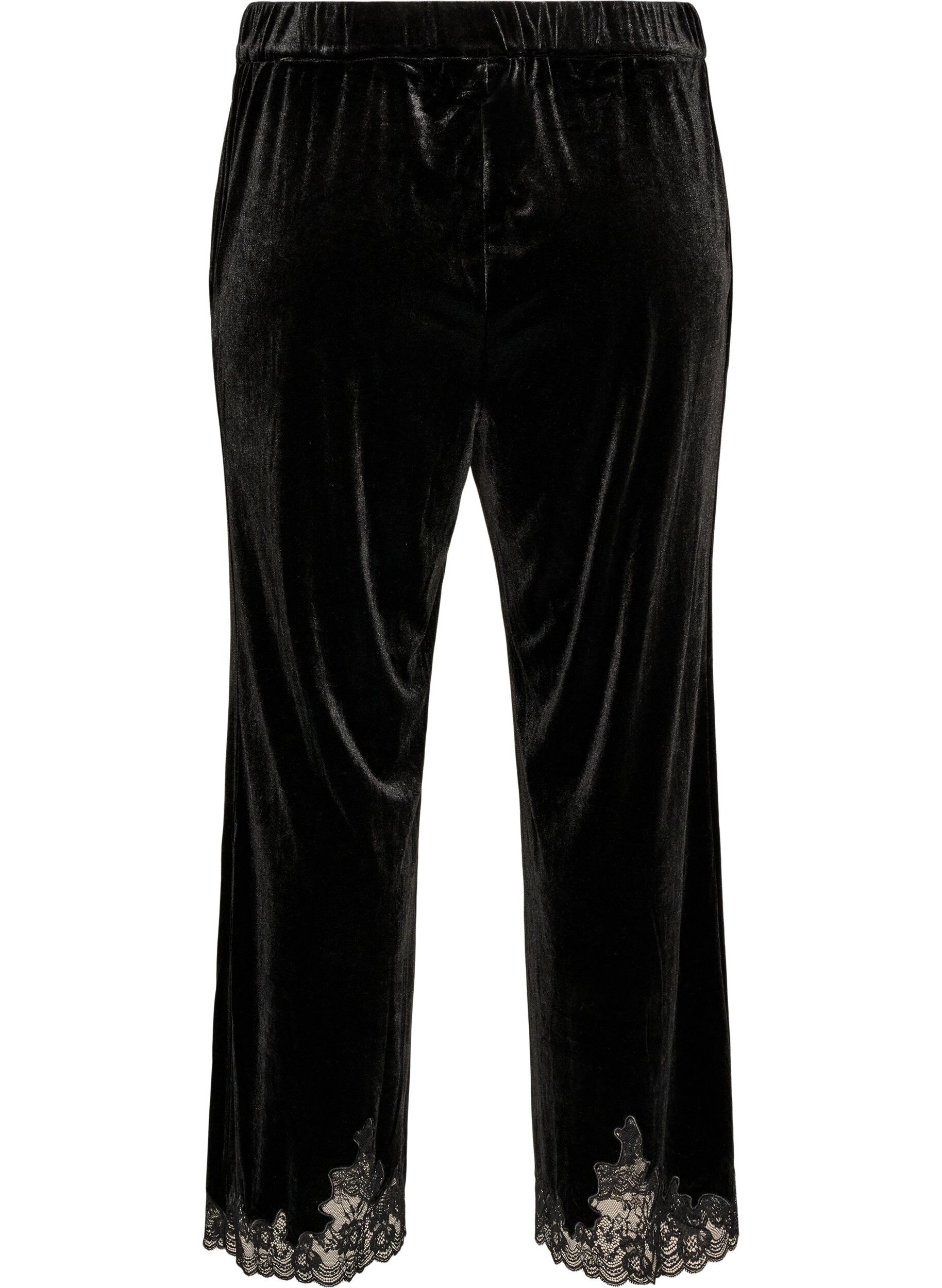ZizziSamthose mit Spitzenbesatz und weitem Bein, Schwarz, Packshot image number 1