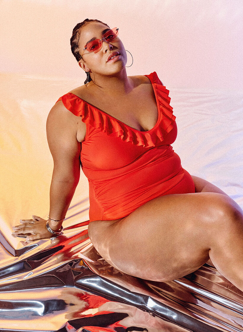 Badeanzug mit Volants und herausnehmbaren Eins&auml;tzen, Orange, Image image number 1