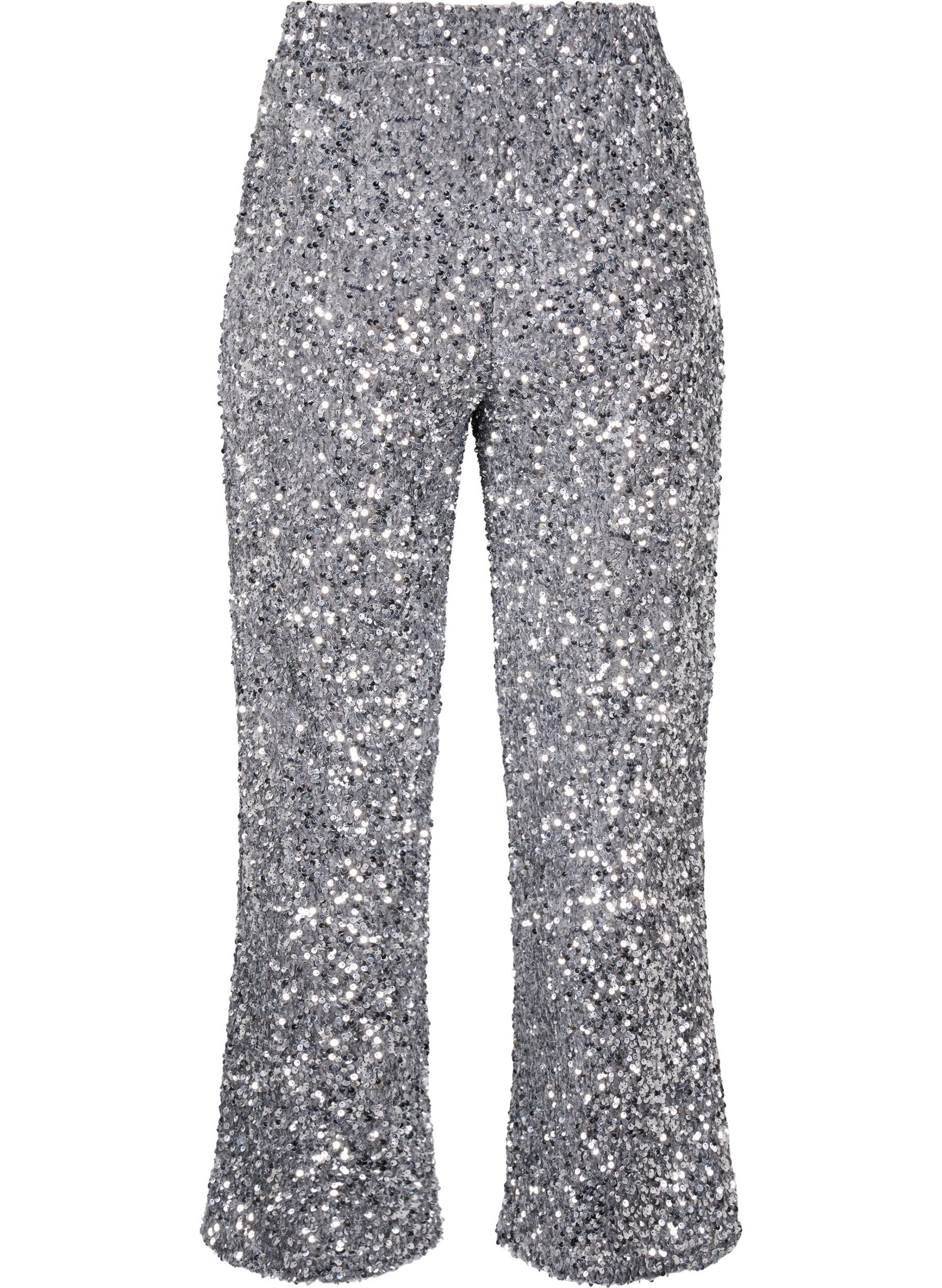 Zizzi Lockere Paillettenhose mit hohem Taillensitz, Silver, Packshot image number 1