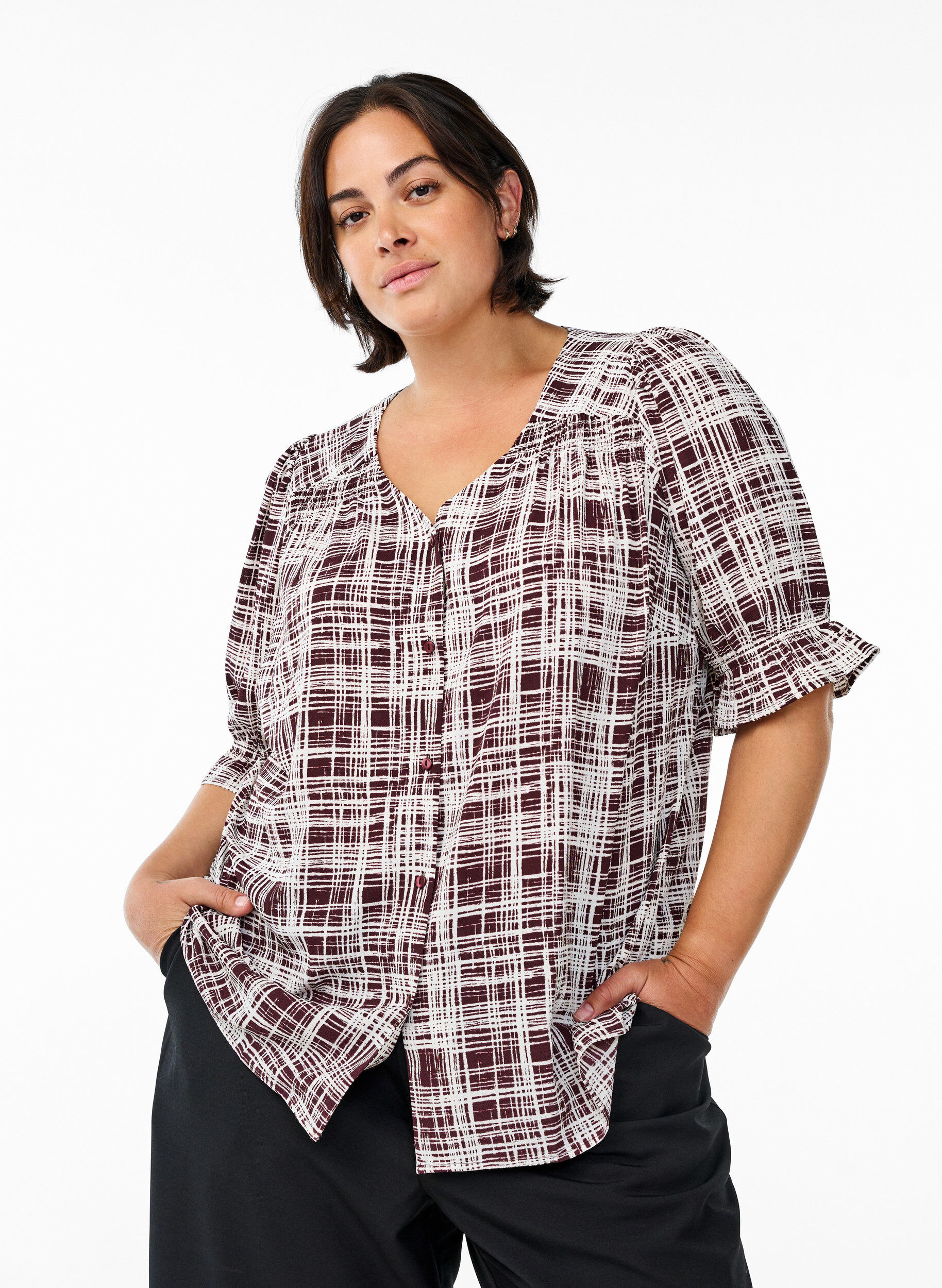 Bluse mit 1/2 &Auml;rmeln, Dunkles Bordeaux, Model
