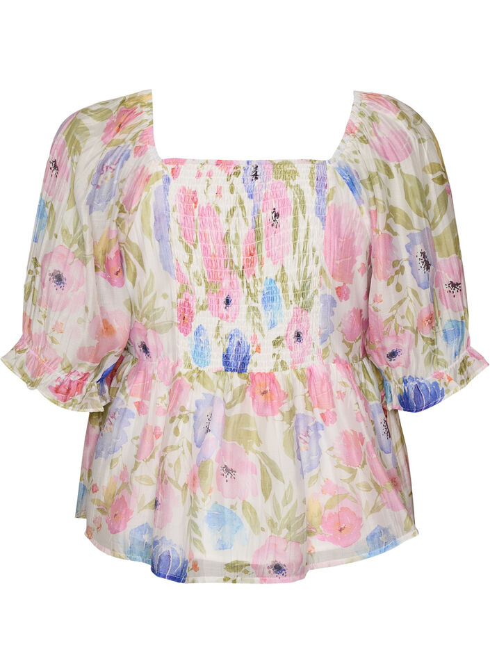Bluse aus Lyocell mit Blumenprint und Herzausschnitt, Wei&szlig;, Packshot image number 1