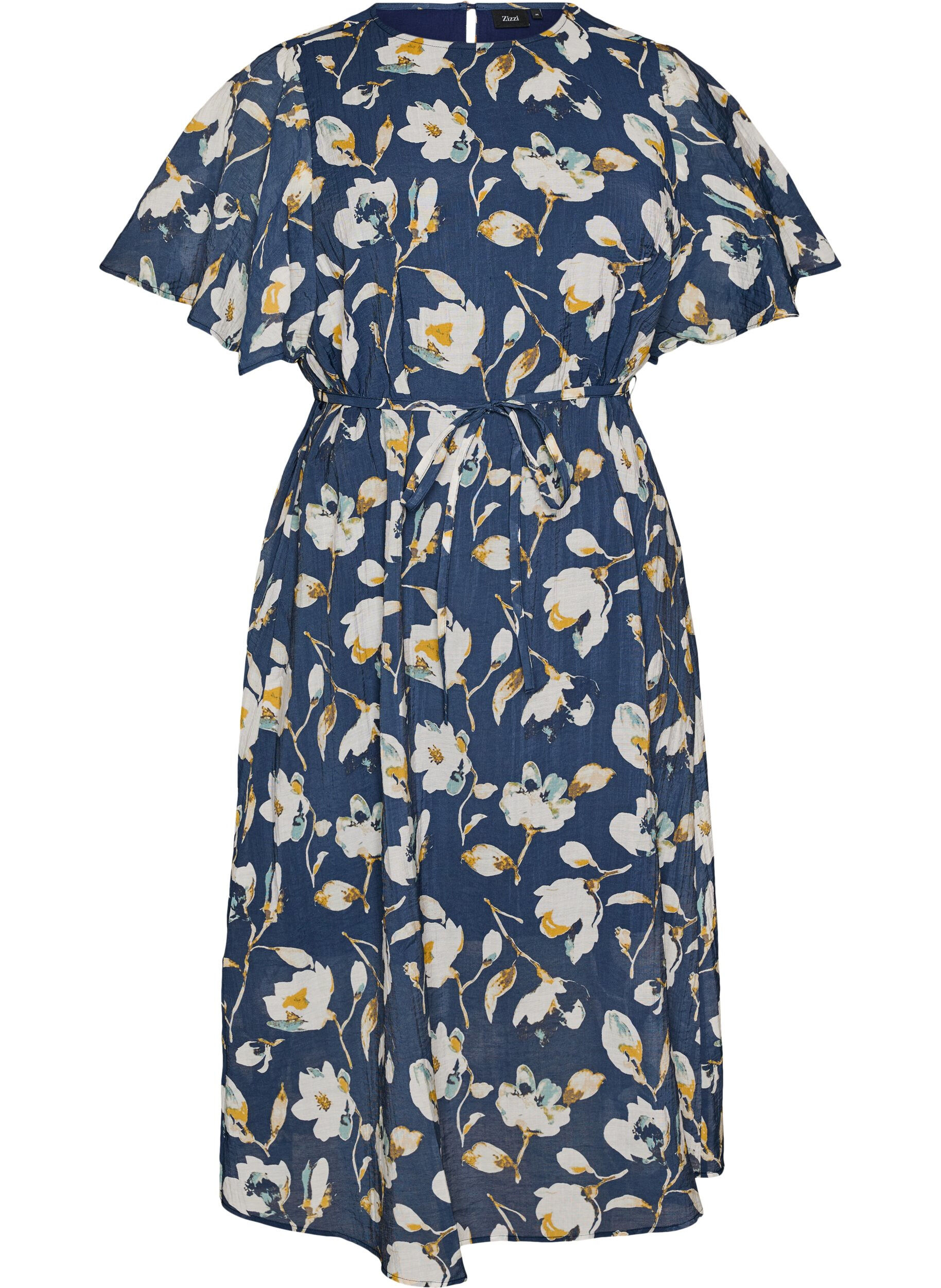 ZizziKn&ouml;chellanges Kleid mit Fl&uuml;gel&auml;rmeln und Bindeg&uuml;rtel, Blau, Packshot image number 0