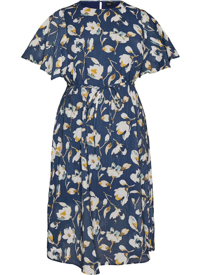 Kn&ouml;chellanges Kleid mit Fl&uuml;gel&auml;rmeln und Bindeg&uuml;rtel, Blau, Packshot image number 0