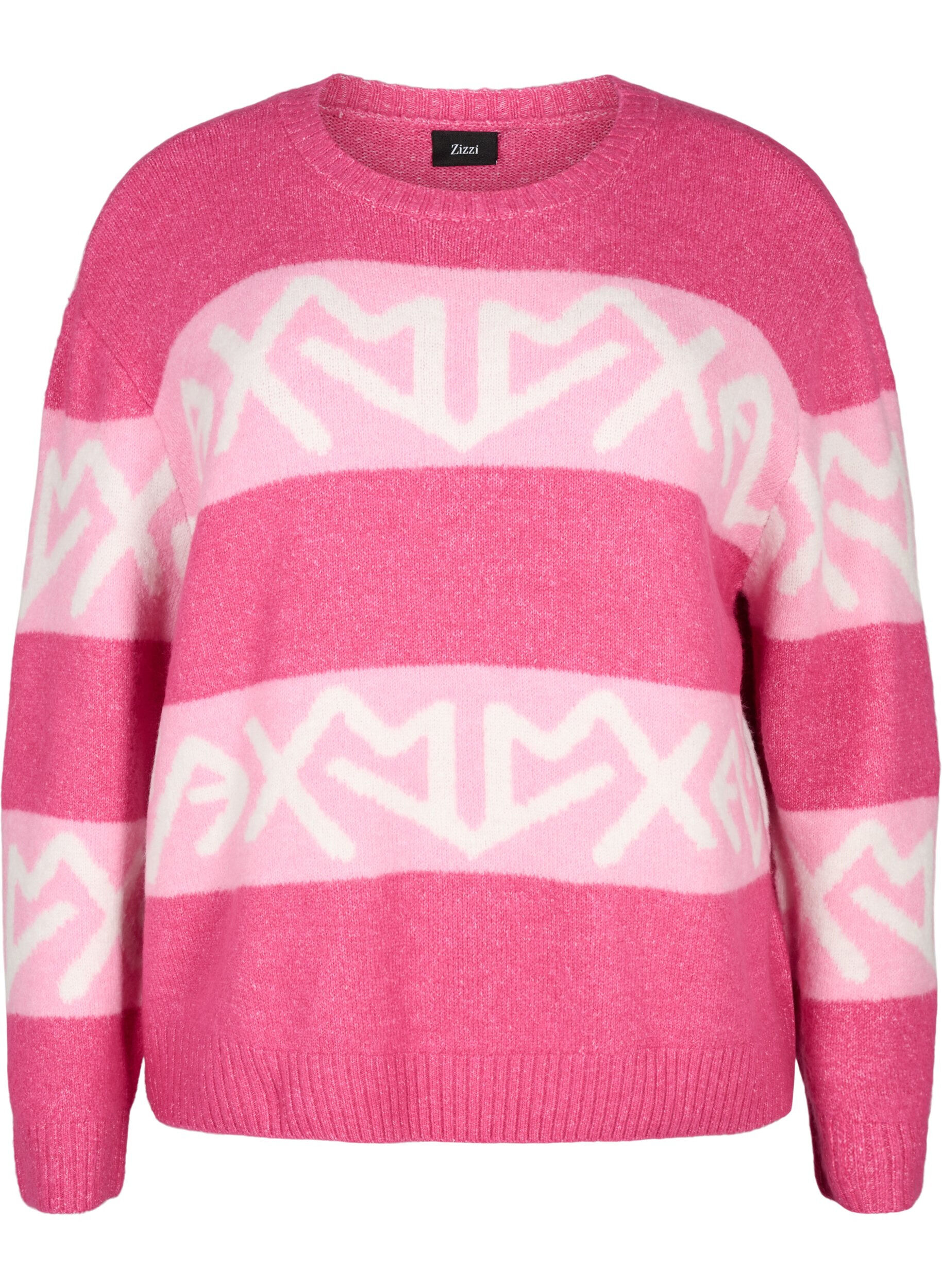 Zizzi Gestreifter Strickpullover mit grafischem Muster, Raspberry Rose Comb, Packshot image number 0