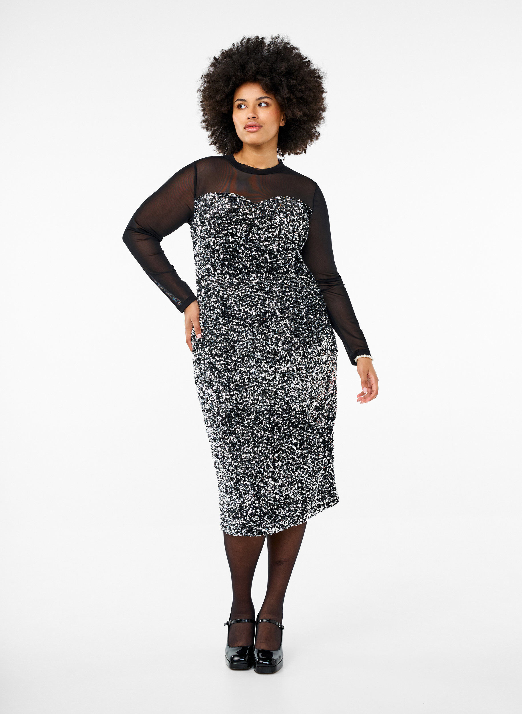 Zizzi Glitzerkleid mit Pailletten, Black w. Silver, Model image number 2