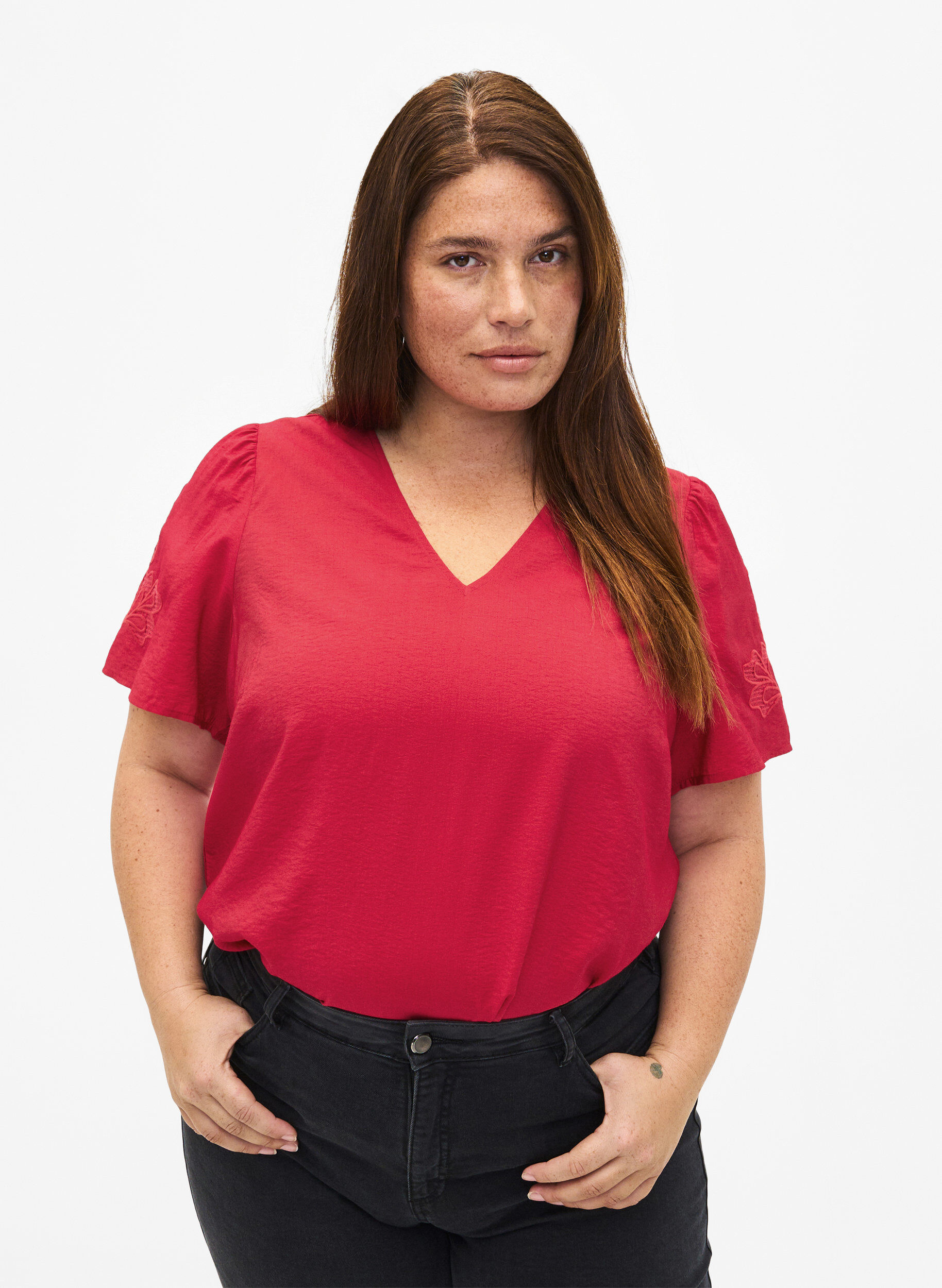 Zizzi  Kurzarm-Bluse aus Viskose mit Stickerei, Rot, Model image number 0