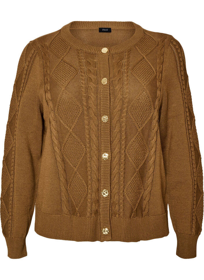 Strickjacke mit Zopfmuster und dekorativen Kn&ouml;pfen, Braun, Packshot image number 0