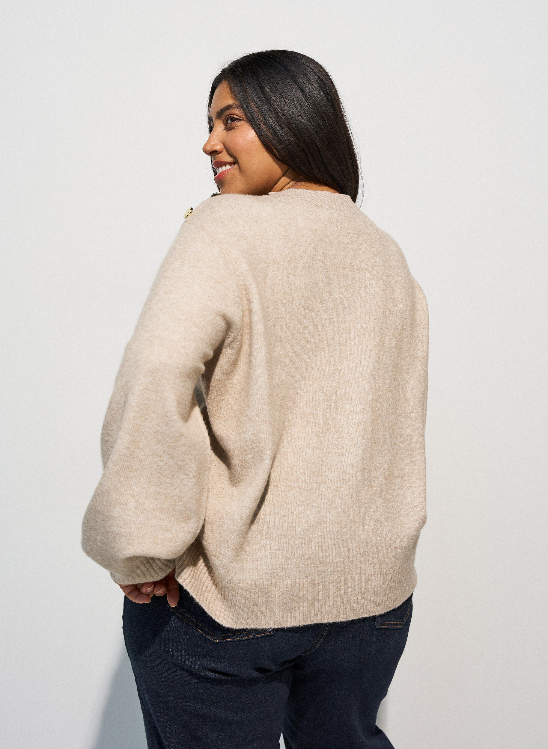 ZizziStrickbluse mit Knopfleiste, Beige, Model image number 2