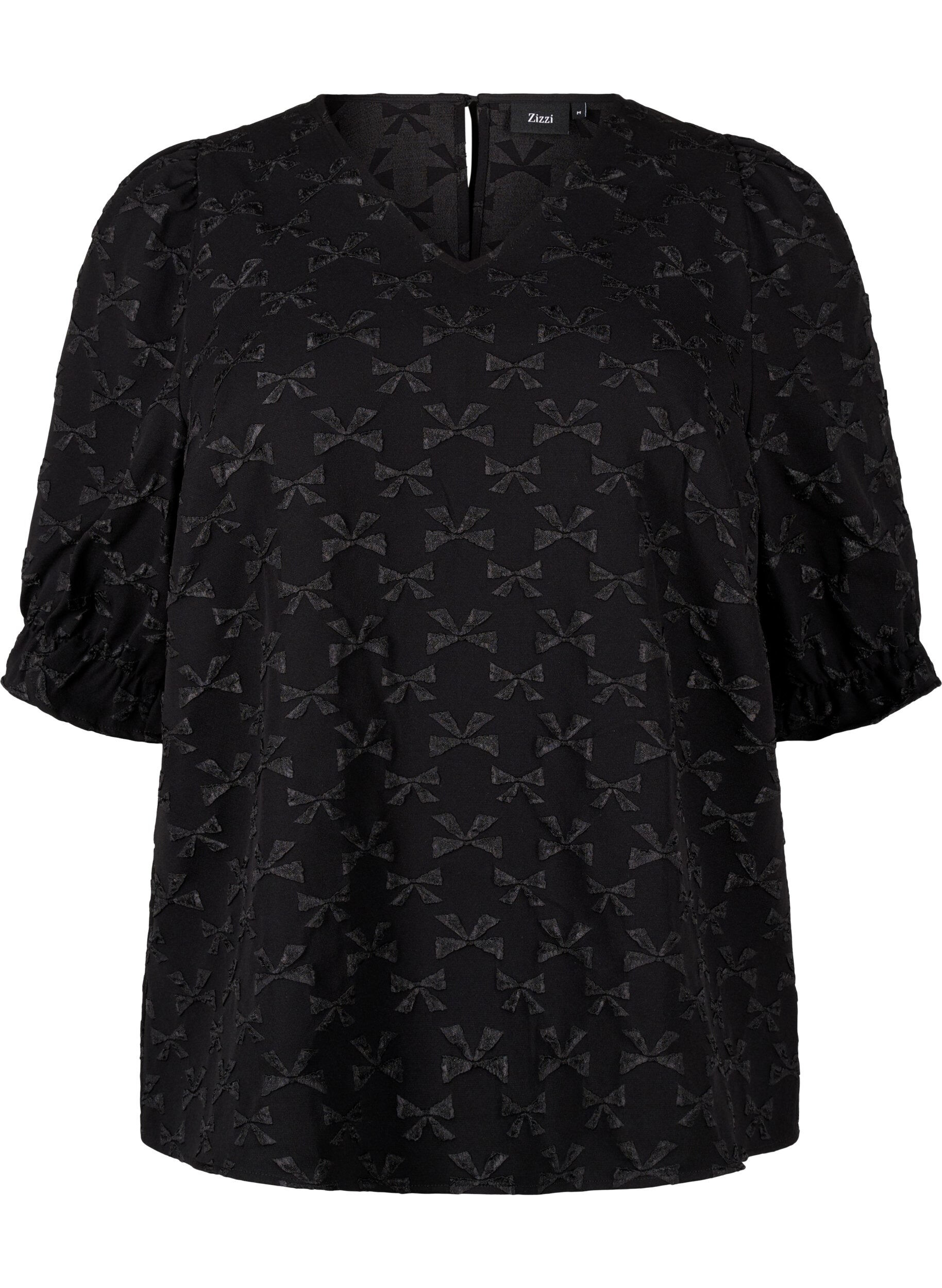Zizzi Kurz&auml;rmelige Jacquard-Bluse mit Schleifen, Black W. Bow, Packshot image number 0
