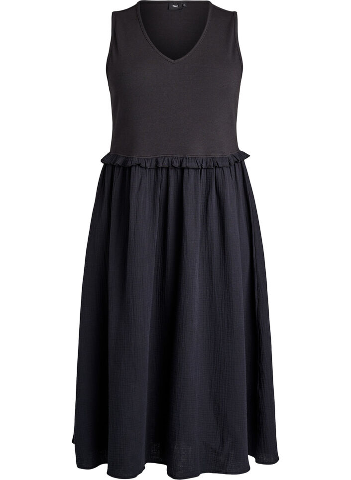 &Auml;rmelloses Midikleid aus Baumwolle mit Ripp und Musselin, Schwarz, Packshot image number 0