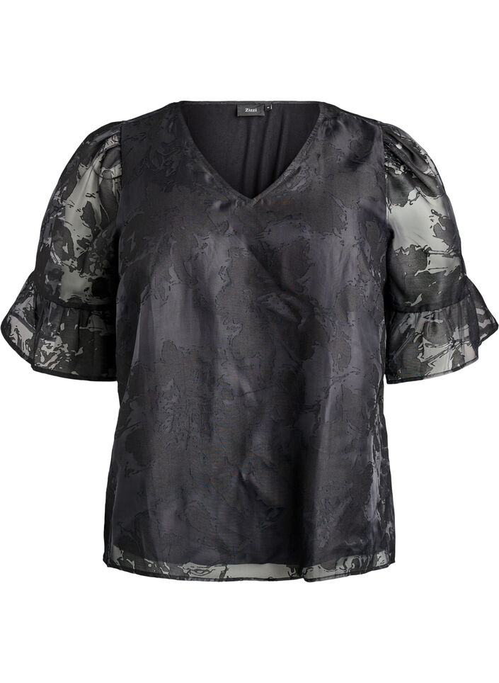 Partybluse in Organza-Optik mit Ton-in-Ton-Muster, Schwarz, Packshot image number 0