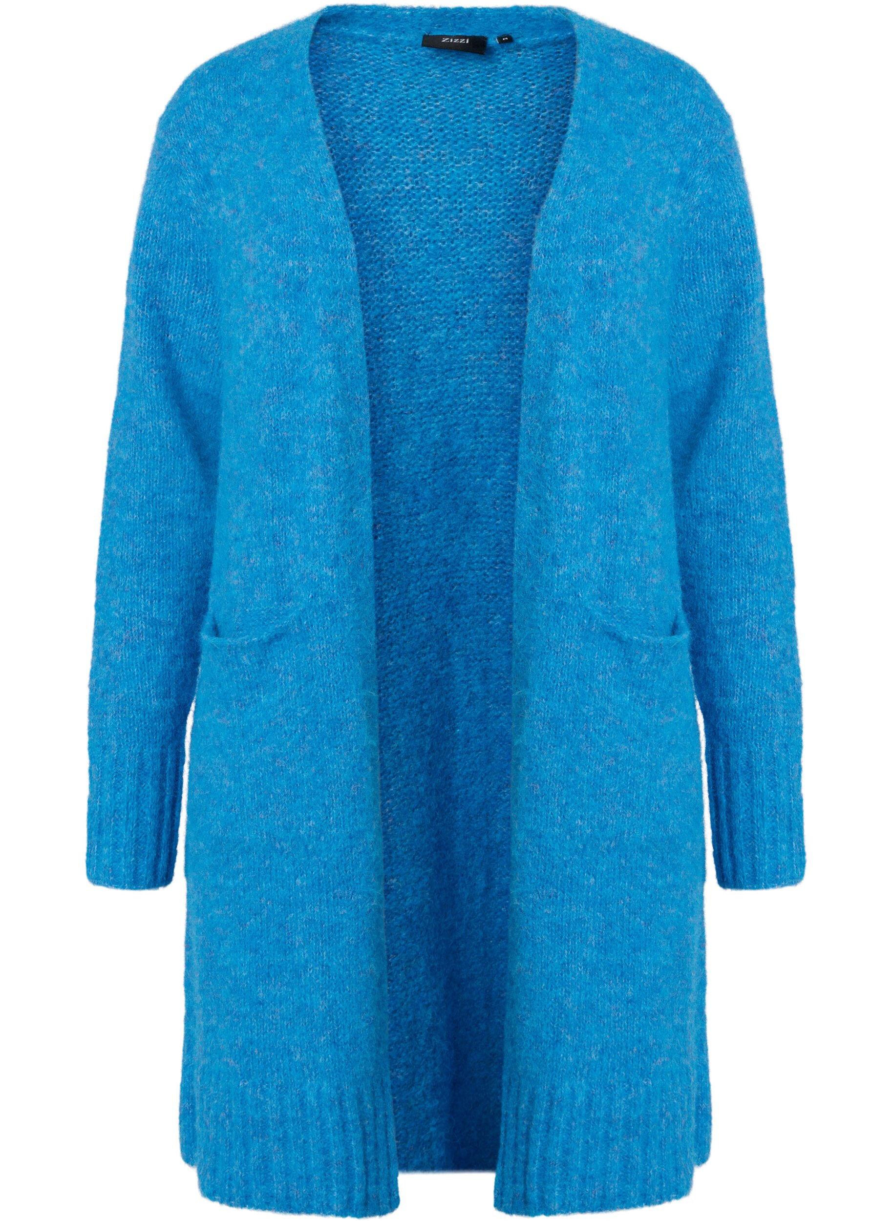 Zizzi Lange Strickjacke mit Wolle und Taschen, French Blue, Packshot image number 0