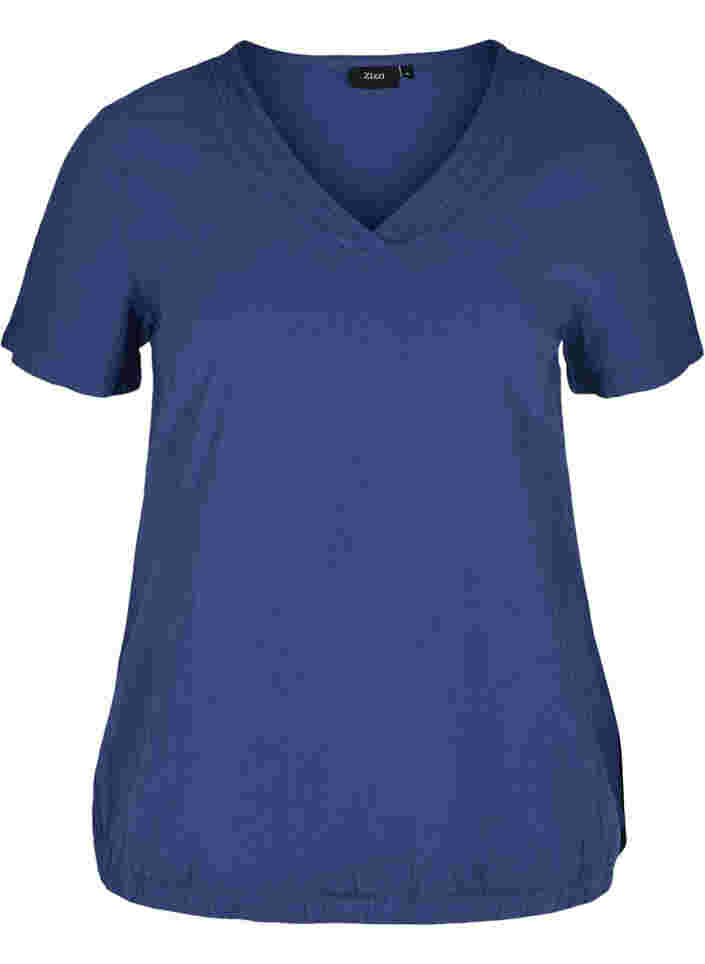 Kurzarm Bluse aus Baumwolle mit V-Ausschnitt, Twilight Blue, Packshot image number 0