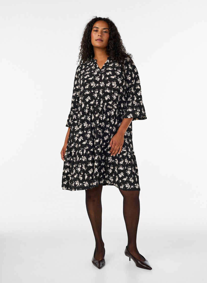 Kurzes A-Linien-Kleid aus Jersey mit Allover-Print, Schwarz, Model image number 1