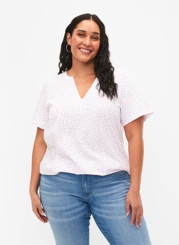 Baumwoll-T-Shirt mit Punkten und V-Ausschnitt, B.White/S. Pink Dot, Model image number 0