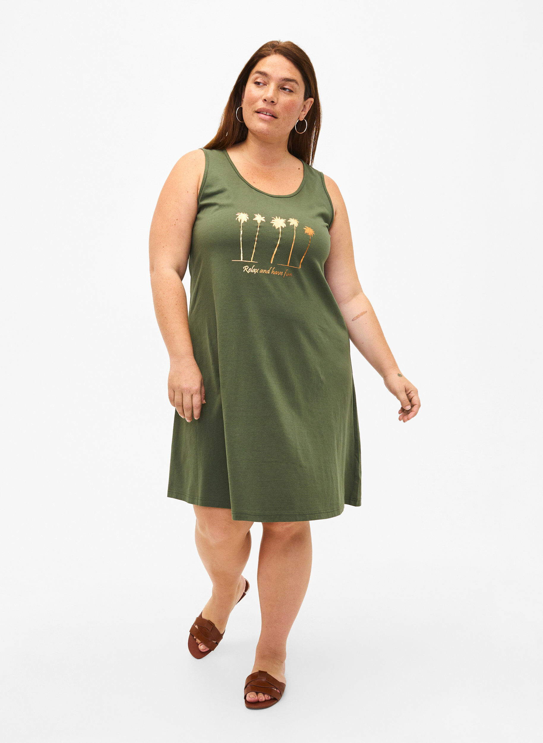 Zizzi &Auml;rmelloses Kleid aus Baumwolle mit A-Linie, Thyme W. Palm trees, Model image number 2