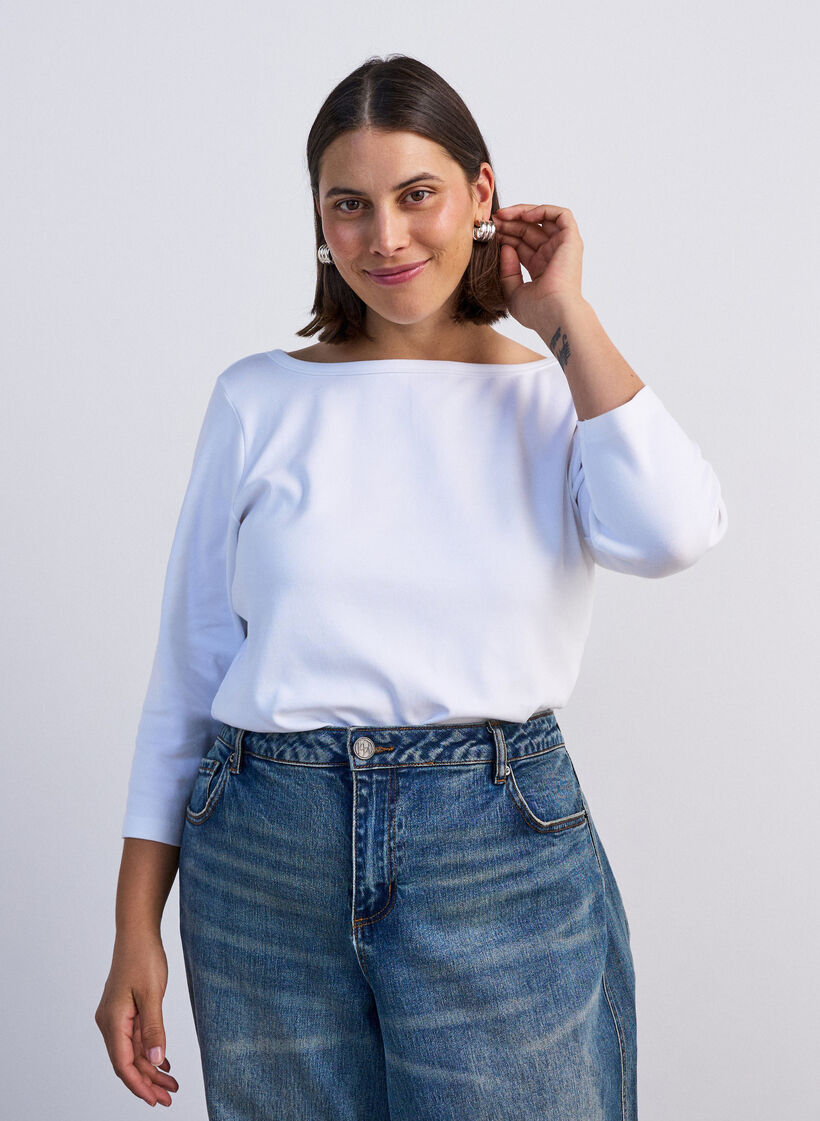 Basic-T-Shirt mit U-Boot-Ausschnitt und 3/4-&Auml;rmeln, Wei&szlig;, Model image number 0