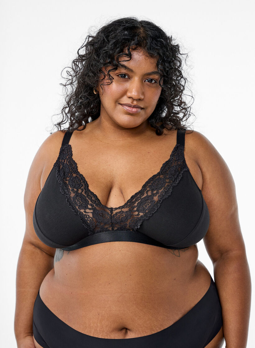 Baumwoll-Bralette mit Spitze, Schwarz, Model image number 0