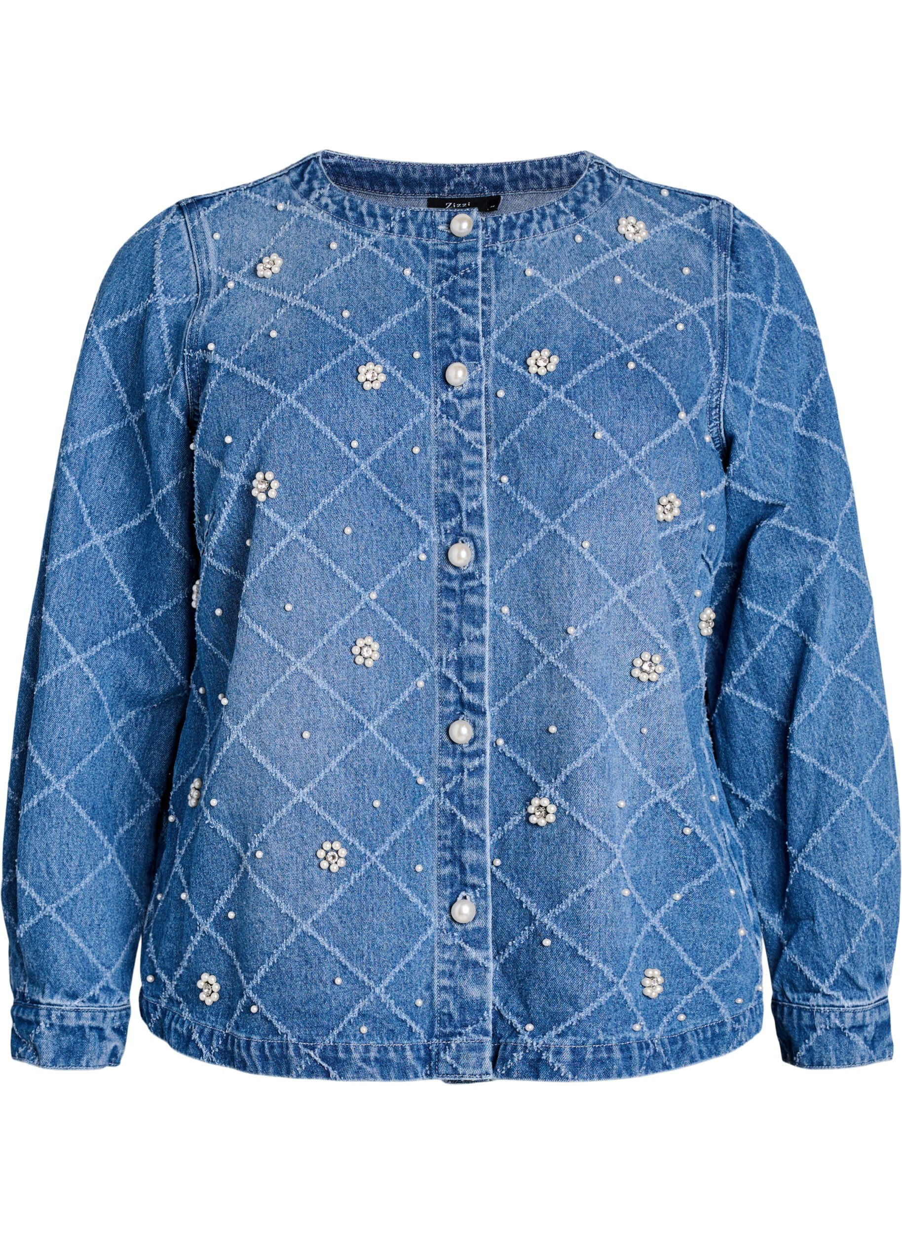 Zizzi Jeanshemd mit Destroyed-Muster und Perlendetails, Blau, Packshot image number 0