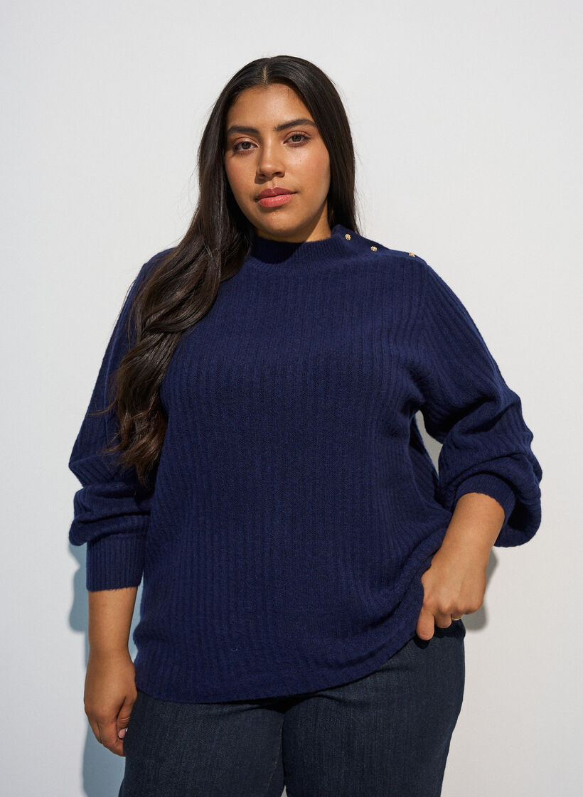 Pullover aus Rippstrick mit Puff&auml;rmeln und Kn&ouml;pfen, Blau, Model image number 0