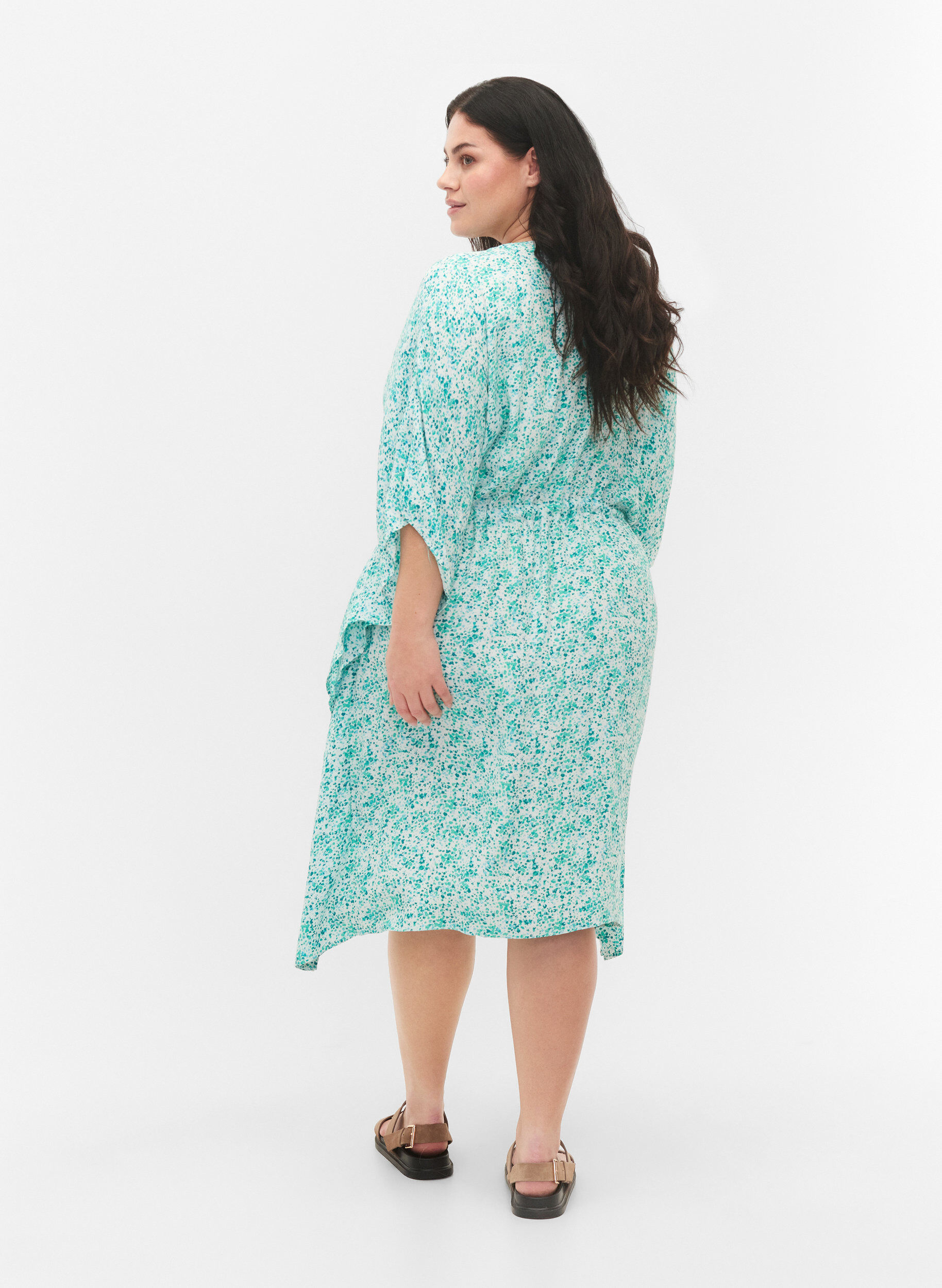 Zizzi Viskose Kaftan Kleid mit Druck, Green Dot, Model image number 1