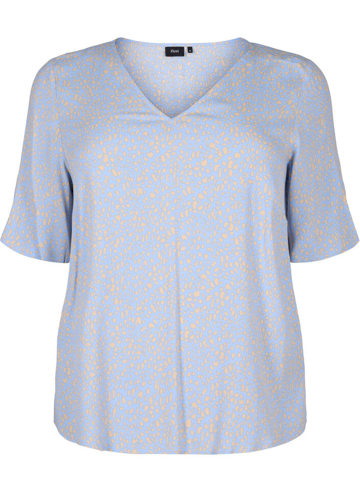 Bluse aus Viskose mit V-Ausschnitt und Aufdruck, Blau, Packshot image number 0