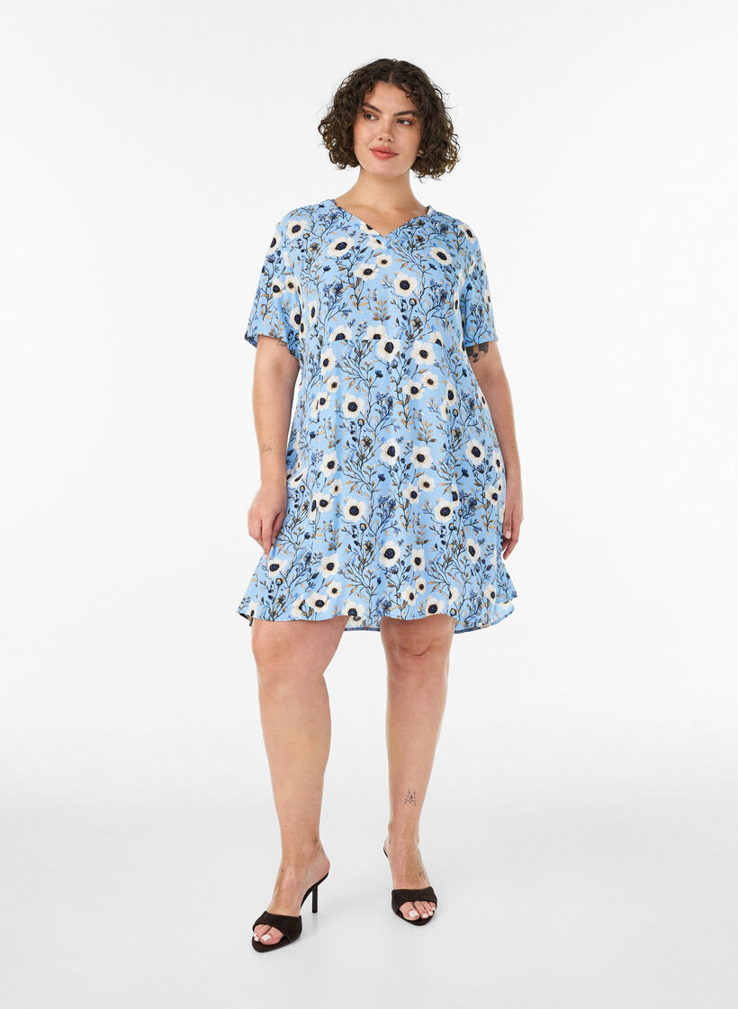 Kurzes Kleid mit Blumendruck, Blau, Model image number 1