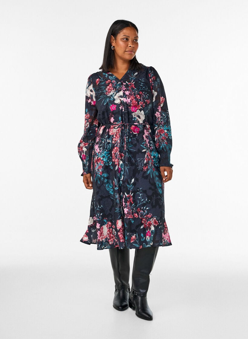 Gebl&uuml;mtes Midikleid mit Webstruktur und Bindeg&uuml;rtel, Schwarz, Model image number 0