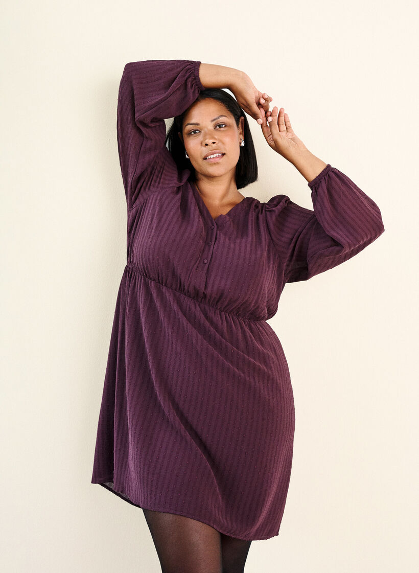 Kurzes Kleid mit Ton-in-Ton-Streifen und texturierten Punkten, Dunkles Bordeaux, Image image number 0