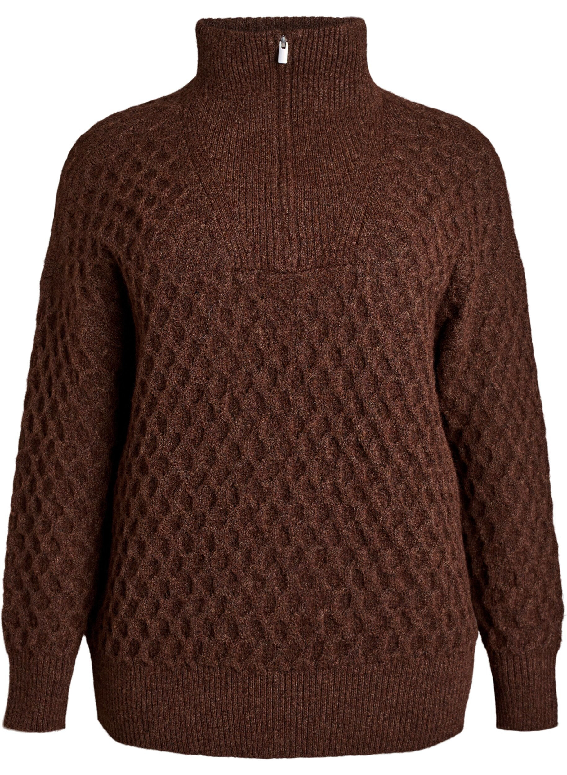 Zizzi Pullover mit hohem Kragen und Struktur, Braun, Packshot image number 0