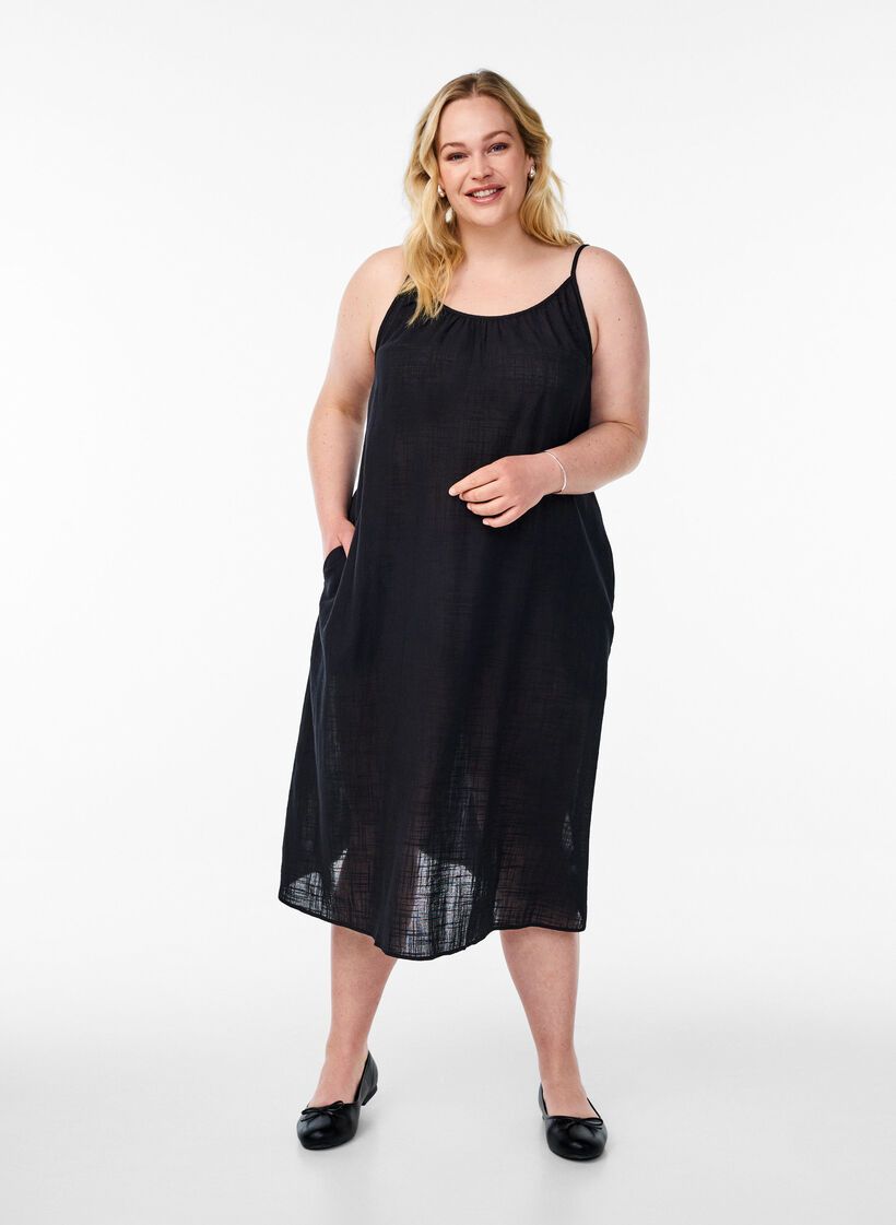 FLASH - Baumwollkleid mit Midi-Länge und Trägern, Schwarz, Model image number 0