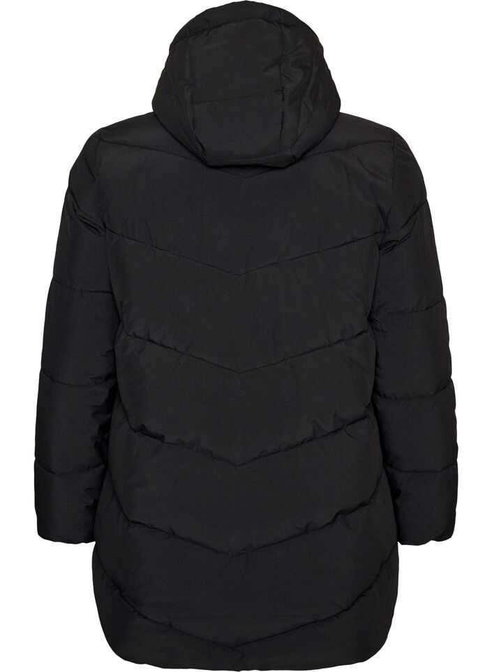 Mittellange Steppjacke mit Kapuze, Schwarz, Packshot image number 1