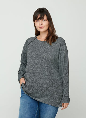 Melierte Bluse mit Reißverschlussdetail, Dark Grey Melange, Model image number 0