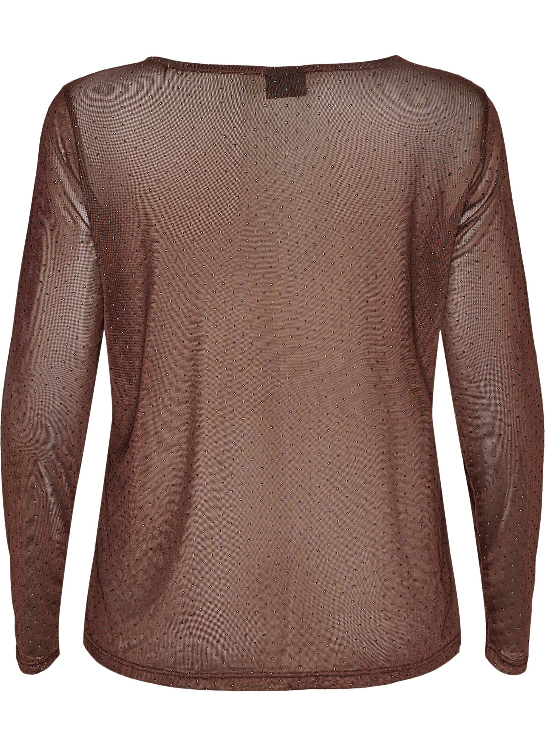 ZizziTransparente Bluse aus Mesh mit Strasssteinen, Braun, Packshot image number 1