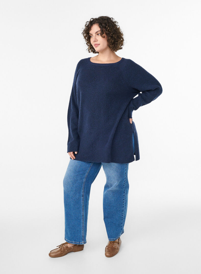 Strickpullover mit diagonalem Muster und Raglan&auml;rmeln, Blau, Model image number 1