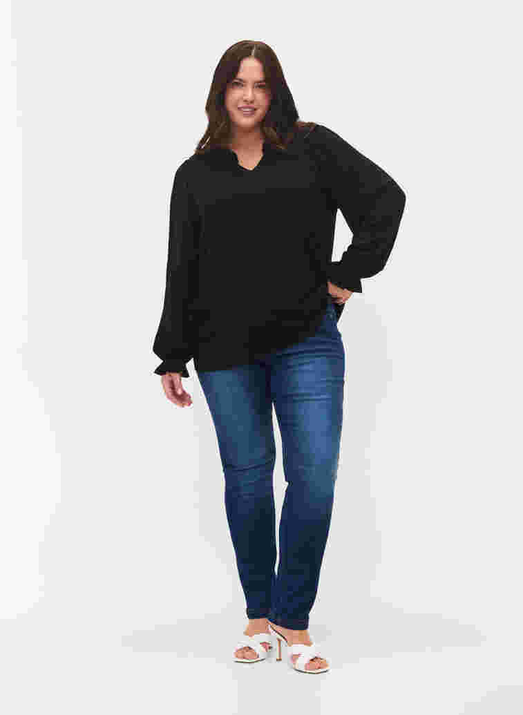 Langärmelige Bluse mit Smock- und Rüschendetails, Black, Model image number 2